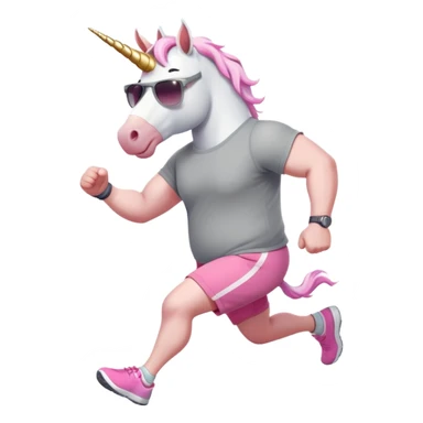 friendly anthropomorphised male white unicorn with an extra chunky, very strong and stocky build, arms and legs matching the white of the head, in grey shorts and pink t-shirt, wearing dark sunglasses, jogging upright in a standard pose sticker