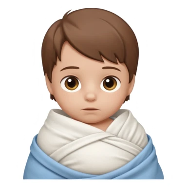 A new born baby boy wrapped in a swaddle with brown hair sticker