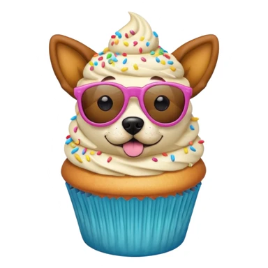 funny colorful cupcake with dog head wearing sunglasses, emoji style sticker