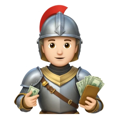 Knight with helmet holding phone and money sticker