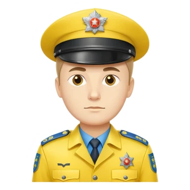 Russian police officer with bright yellow hat and yellow uniform, standing at attention sticker