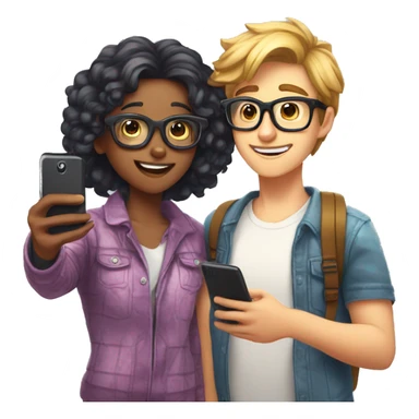 Nerd shy boy taking selfie with cool girl bestie  sticker