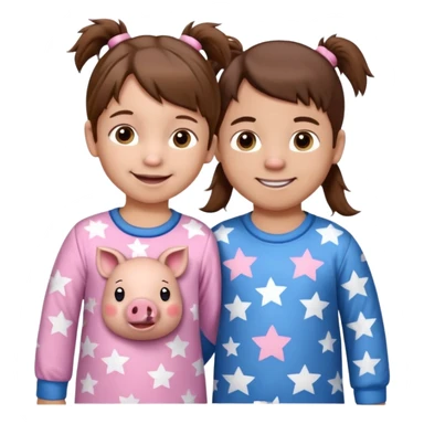 A toddler girl with brown hair with two pig tails, wearing pink pajamas with white stars on them. With a 4 year old boy with spikey brown hair, wearing blue pajamas with white stars on them. Both light skin and smiling. Both with a mix of big and small white stars on the pajamas  sticker