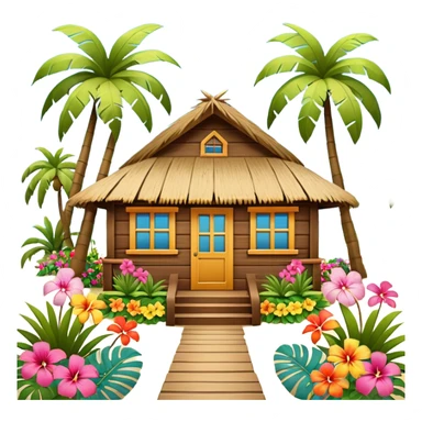 Hawaiian beach house, small tropical house, wooden walls, thatched roof, colorful flowers, palm trees, cute mobile game icon, 3D cartoon, bright colors, soft shadows, clean background, no text, no watermark sticker