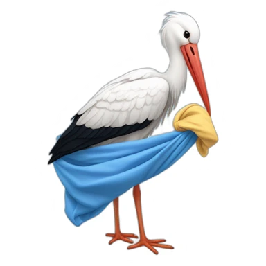 White stork carrying a blue bundle of cloth in its big beak that has a cute human person cute baby boy inside and his head is peeking from the fabric the strok is carrying in its beak sticker