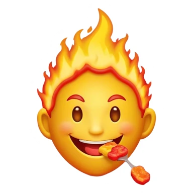 Crea un sticker de un personaje con cabeza de fuego, sonriente, que esté comiendo gomitas y que tenga colores llamativos y luminosos en tonos rojos, amarillo y naranja  sticker