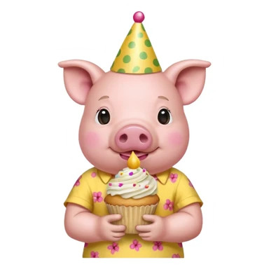 Pig with  yellow aloha shirt, birthday hat, holding a cupcake sticker