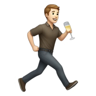 White man with very short brown hair runs with a carton of champagne sticker