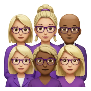 FIVE person team; 2 men and 3 women.  All dressed in yellow or purple.  
1 caucasian woman with blonde mid length hair
1 caucasian woman has ash blonde hair tied up.  
1 man is African-american and bald
1 man is caucasian and very little hair left.  
All have glasses sticker