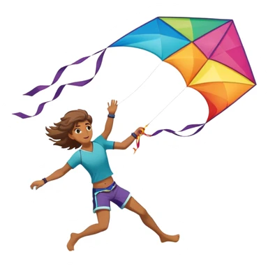 A person soaring through the sky while holding onto a colorful kite on a windy beach. The kite is catching the wind, and the backdrop features waves crashing on the shore, capturing the excitement and freedom of kitesurfing. sticker