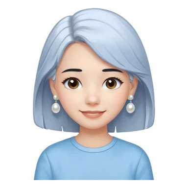  emoji of a smiling girl with a long bob haircut in black-brown color, fair tan skin, soft black eyebrows, and brown eyes. She's wearing a pastel blue shirt, has pearl earrings, and white clean hair clips. Her look is fresh and minimal clean girl aesthetic. Use a white background, sticker