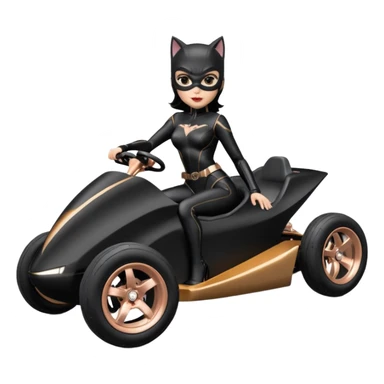 full size real-appearance electric road racing sexy CatWoman’s feminine midnight-colored tight outfit sixty’s tv show dark stealthy accurate sporty safe plush deluxe off-road pursuit cruiser car rose gold accents (black hair,reclined and relaxed torso and shoulders seating position) go kart  sticker