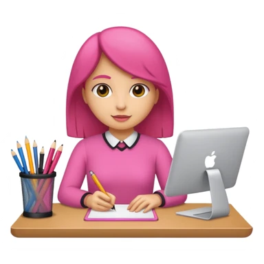 chica rosa pensando ideas con un escritorio sticker