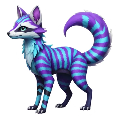 Feral Rare Fantasy  Black-Dark-Vortexed Lightning-strike-zig-zag-patterned striking purple-indigo-violet-blue-cyan-gradients with black points, white underside, galactic stormy edgy badass realistic Vernid-Sergal-Genet-Trico-species by LiLaiRa, random markings, tufted tail, tufted ears, full body sticker