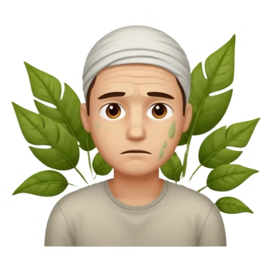 tired sad man with sweat on forehead, plant behind sticker