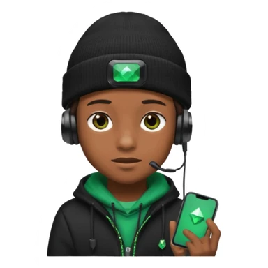 garcon avec un bonnet noir avec un emeraude dessus et un casque gaming sticker