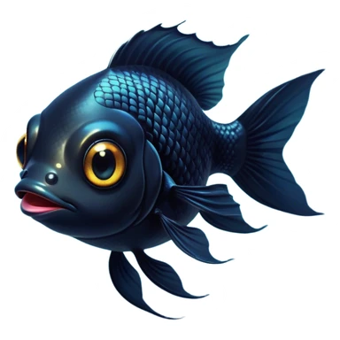 Cinematic Cute Black Goldfish Portrait Emoji, Head tilted playfully and inquisitively, featuring a glossy, deep black body with shimmering scales and round, sparkling golden eyes filled with curiosity, Simplified yet irresistibly adorable features, highly detailed, glowing with a warm, friendly glow, high shine, affectionate and lively, stylized with a touch of whimsy, bright and endearing, soft glowing outline, capturing the essence of a mischievous yet loving goldfish, so playful it feels like it could swim out of the screen and into your heart! sticker