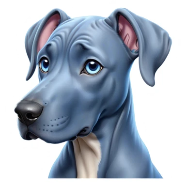 Cinematic Cute Blue Great Dane Portrait Emoji, Head tilted playfully and inquisitively, featuring a glossy blue Fur with a refined sheen, round, sparkling steel-blue eyes filled with curiosity, Simplified yet irresistibly adorable features, highly detailed, glowing with a warm, friendly glow, high shine, affectionate and gentle, stylized with a touch of whimsy, bright and endearing, soft glowing outline, capturing the essence of a mischievous yet loving pup, so playful it feels like it could lumber out of the screen and into your arms! sticker