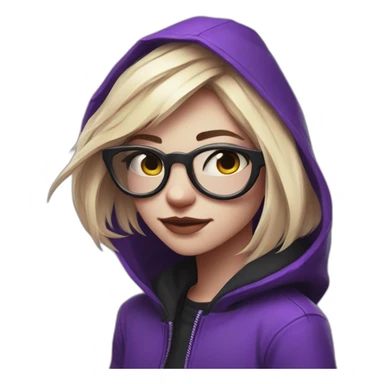 Girl blond artist with round glasses left side behind his laptop with this style: valorant riot Game purple character purple black hooded hacker themed character sticker