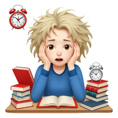 A student girl is sitting in a panic and chaos. On the table, there are a bunch of books, notebooks, and a phone with a red alarm clock on the screen. sticker