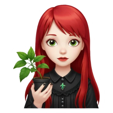 a gothic girl with long red hair and bangs holding a lucky pin and plant sticker