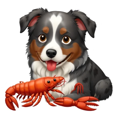 black merle australian shepherd dog eating a lobster sticker