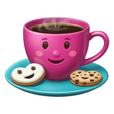cup of coffee, steaming, the smoke should come out in the shape of a heart, the color of the cup is fuchsia, the cup has a happy face printed on it, the cup rests on a turquoise blue plate, and there are cookies and sugar cubes around the cup. sticker