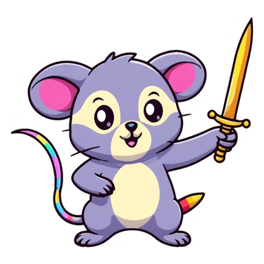 A colorful possum holding a glittery sword, rainbow sparkles, vibrant neon colors, cute big eyes, with stars and hearts background sticker