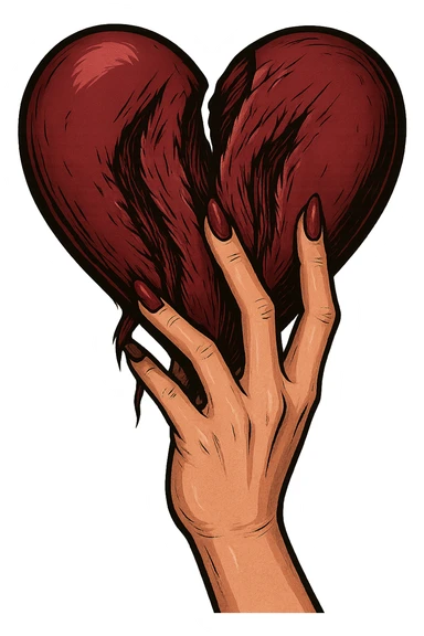 женская рука с маникюром вгоняет когти в винного цвета сердце и сильно раздирает царапает его (пальцы полусогнуты ногти вогнаны в царапины) рисованный стиль, ориентируйся на референсы по стилю и по уровню разодранности серца sticker