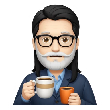 men with white bearded long black hair  with opticals  on holding coffee sticker