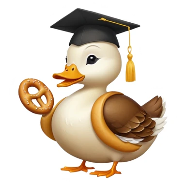 duck wearing bread shaped like a graduation cap and holding a pretzel sticker
