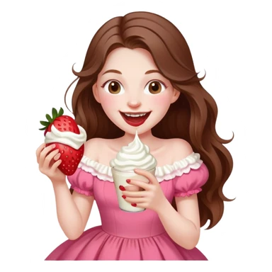Girl with long brown hair eating strawberries and whipped cream, laughing pale pink elegant   sticker