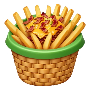 Basket of fries with melted cheese, bacon, and green onion sticker