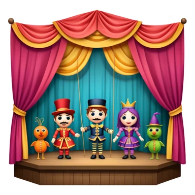 IIcon for Puppet Theater: a puppet stage with colorful marionettes, strings, and theatrical curtains. The icon should capture the whimsical and playful nature of puppet theater, with a focus on the characters and craftsmanship. Transparent background. sticker