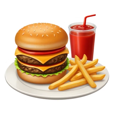 i want a Cheeseburger and Fries with a angle to 15–20° gentle bird’s-eye angle with 2 sauce round plate one is white and other is red with some fries thicker like mcdonald's sticker