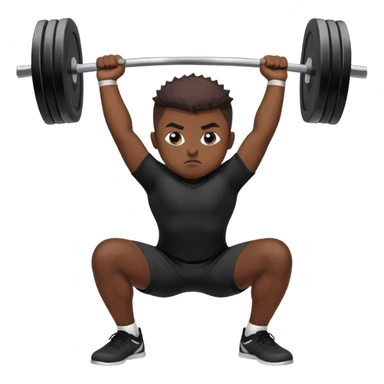 A boy with dark skin, black front spike and wearing a black shirt is doing an overhead squat with a lot of weight on the barbell sticker