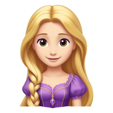 Cinematic Radiant Rapunzel Portrait Emoji, rendered in a flat vector style with clean proportions. Show Rapunzel with a gentle smile, fair, glowing skin, and her iconic long golden hair cascading softly, wearing a simple, elegant purple dress. The image radiates a warm, enchanting glow, high shine, and is accentuated by a soft glowing outline. sticker