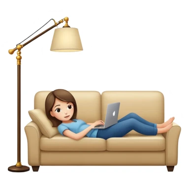 A girl is working with a laptop while lying on a sofa, with a floor lamp to the right. sticker