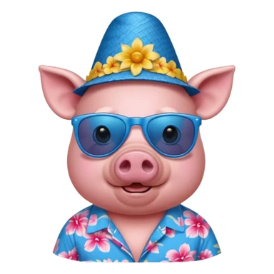 Pig with blue aloha shirt, birthday hat, sunglasses sticker
