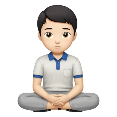 Cartoon Asian boy sitting cross-legged, clearly resting his closed fist against his cheek, looking thoughtful with a slight smirk. White polo, gray pants, black shoes, large eyes, short black hair. Clean vector style, flat colors, black background. sticker