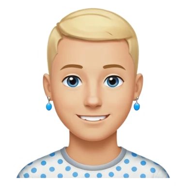Man with blue eyes and messed up short blonde hair buzz cut at the sides and very tanned with a good smile and black dot earrings sticker