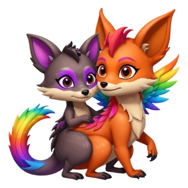 black female raccoon dragon hybrid with rainbow colored wings and purple eyes hugging a red female fox dragon hybrid with rainbow colored wings and orange eyes sticker