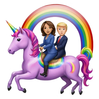 Kamala Harris and donald trump riding a rainbow unicorn sticker