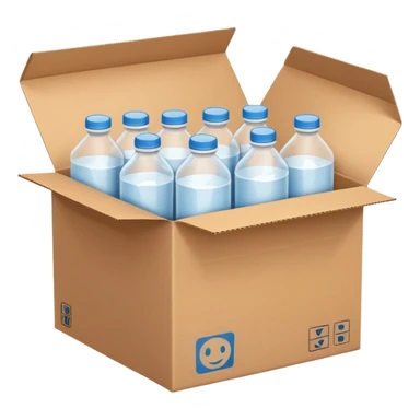 white transparent plastic bottles popping out of a delivery cardboard box sticker