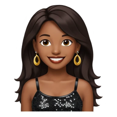 Chilli from TLC with long dark brown hair, black sequin crop top, black earring, dark skin sticker