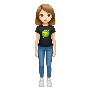 Create an emoji with a picture of a girl with straight light brown hair, yellow-green eyes, wearing a tight black T-shirt, blue wide jeans and white sneakers sticker