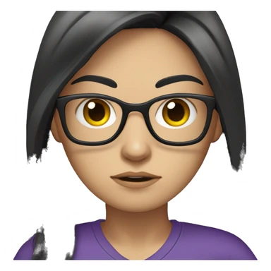 white girl, angry scowling, purple t-shirt, long black hair, wearing glasses, with arms crossed over chest. sticker