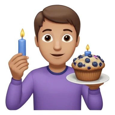 Make a white man with brown hair wearing a shirt that says happy b day Virginia holding a blueberry muffin with a birthday candle in it. Have him holding multiple muffins and no candles in hand. Have him wearing a purple shirt. He should still be a white guy in a light purple shirt sticker