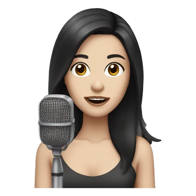 a woman with long black-brown hair, hazel eyes, pale skin, singing into a microphone sticker