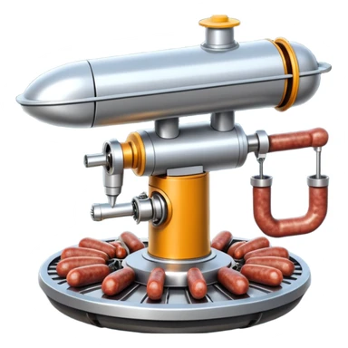sausage-processing droid. retro-futuristic style. top is a circular industrial meat grinder with rotating gears and blades. Two robotic arms feed material into grinder. Sausage links extrude from the rear like  factory. The body is metallic, compact, and floats above the ground.no legs. Dark humor sticker